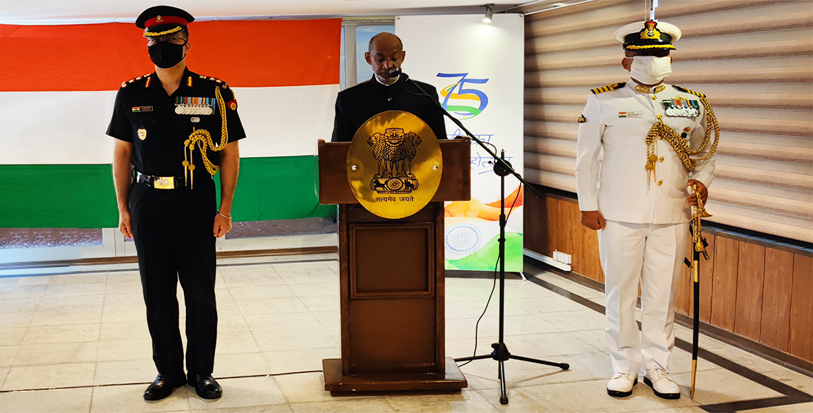  Ambassador Gaddam Dharmendra hoisted the national flag at the Embassy premises and read out President’s speech on the occasion of 75th Independence Day of India’s celebrations
